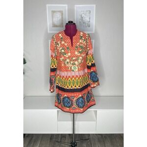 J Peterman Colorful Embroidered Boho V Neck Dress Size M Beach Gypsy Artsy